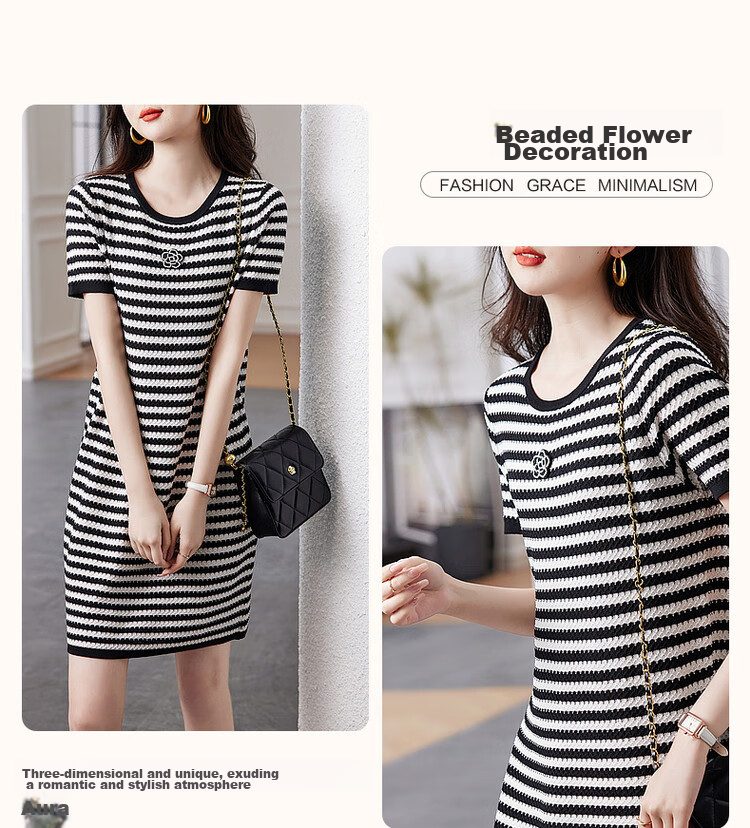 Dme [Ice Silk Dress], Summer Pullover Slightly Stretchy Contrasting Color Knitted Short-Sleeve Dress 6