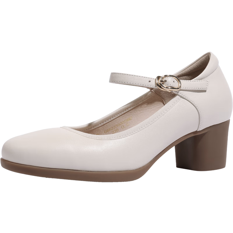 Goldlion Women's Shoes, Chunky Heel Commuter Mary Jane Shoes, Fashionable Round Toe Cowhide Shallow Mouth Pumps, G662330005 Beige, Size 36