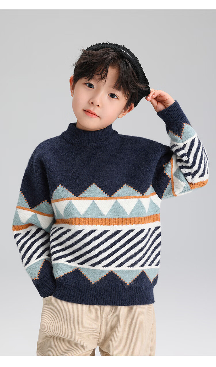 Zuoxi Boys' Sweater, Children's Thickened Autumn And Winter 2025 New Style, Boys' Knitted Sweater, Winter Pullover, Navy Blue, Size 160 10