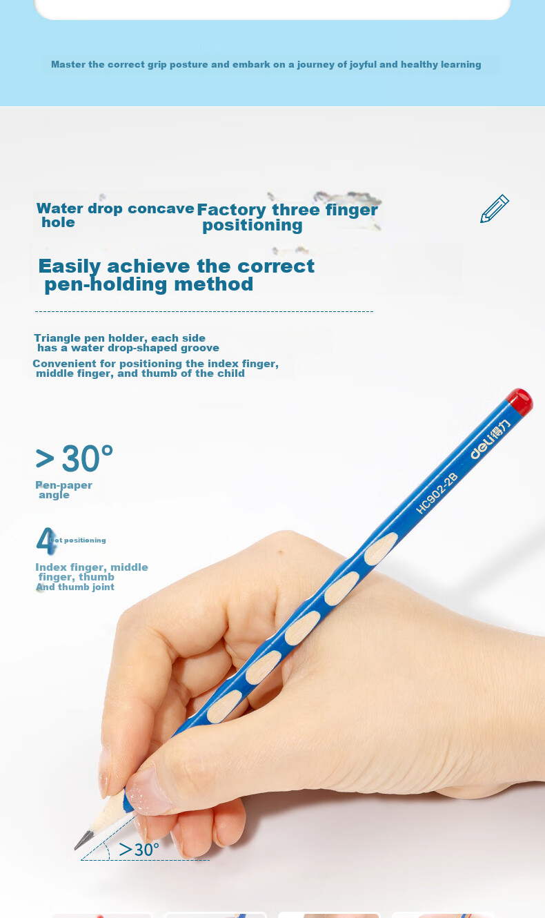 Deli Perforated Pencils, 30 Pieces, HB Writing Pencils, Triangular Shaft, Easy to Grip, Erasable Rubber, Children's Posture Correction, Student Handwriting Practice, Writing And Doodling, Back-To Stationery 5