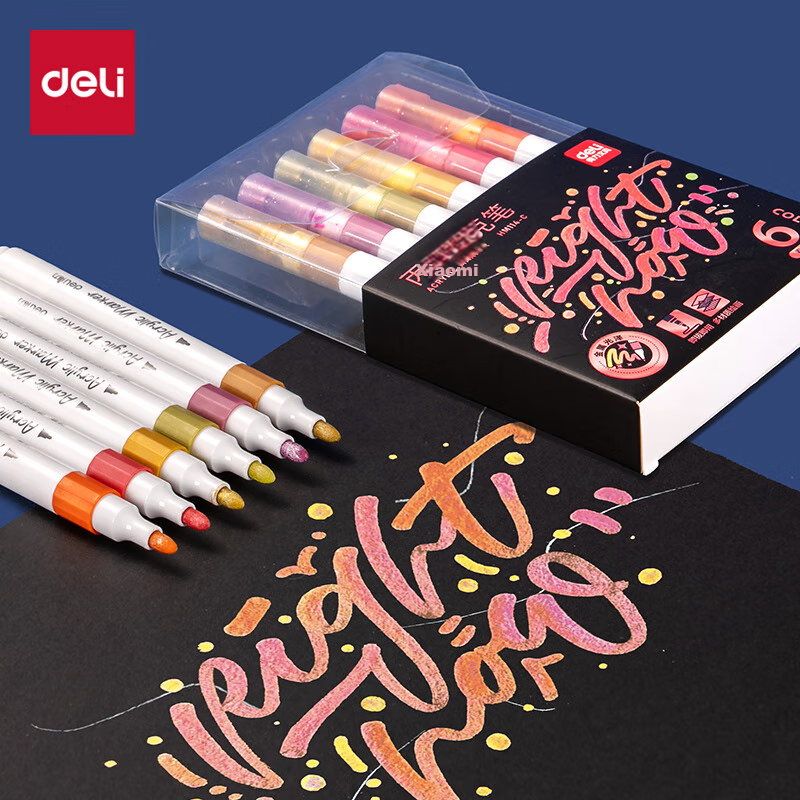 Deli 6-Color Single-Tip No-Press Acrylic Markers for Children's Hand-Drawing, Guka Graffiti, DIY Painting, Shoe Painting, Acrylic Paint, Spring Colors, Fluorescent Pens, Watercolor Pens, Art Education Graduation Gift
