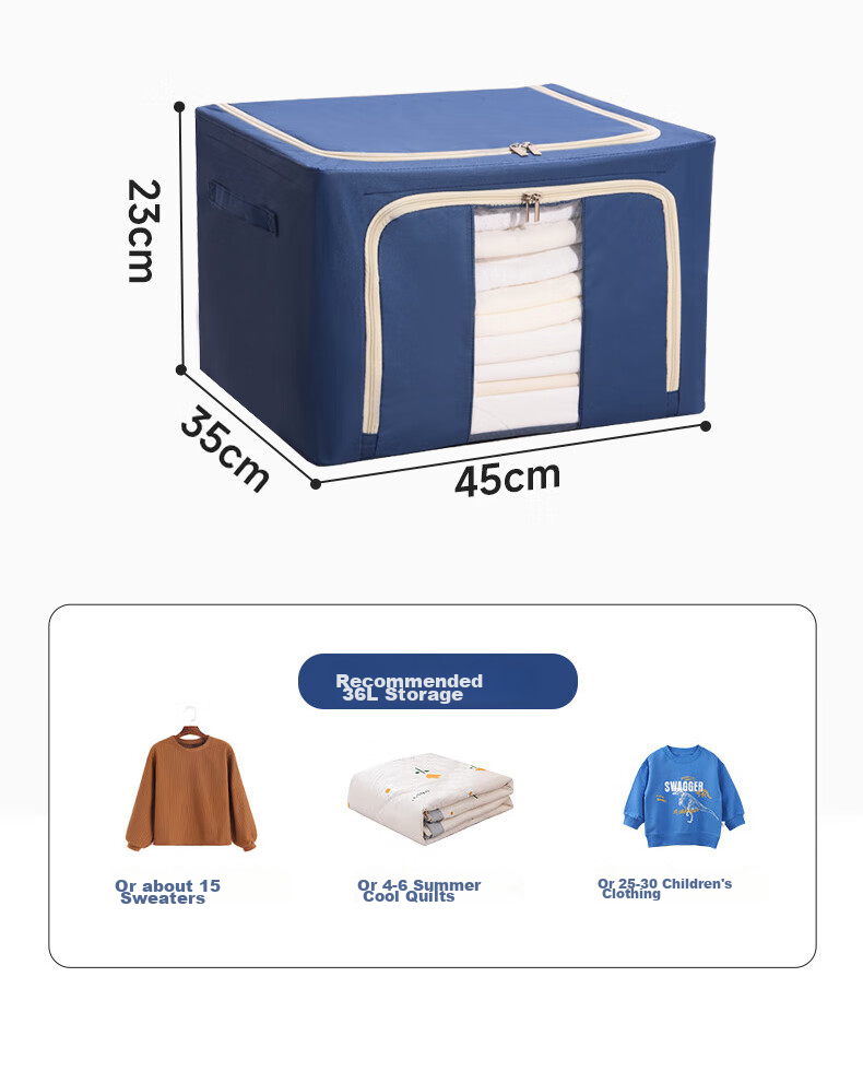 Baicaoyuan Antibacterial Oxford Fabric Storage Box, 36L Moisture-Proof Large Capacity Travel Box, Blue, 2-Pack, Fabric Organizer Box, Clothes And Quilt Storage Container 16