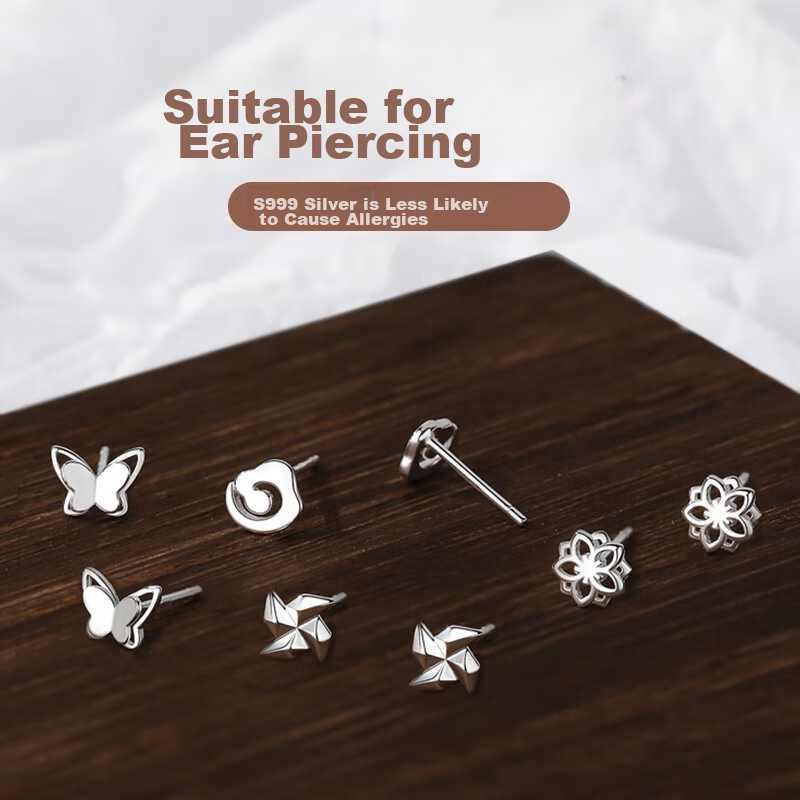 Dijing 999 Silver Stud Earrings for Women, Plain Silver Ear Studs, Summer Simple Fashionable Earrings, Trendy Versatile Birthday Gift