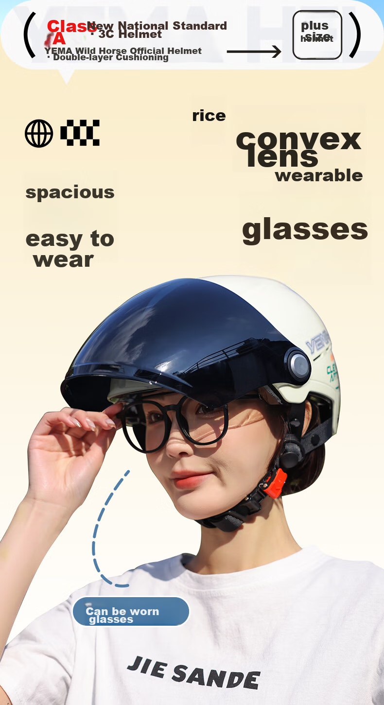 YEMA 3c Certified New National Standard Class A 365S Electric Scooter Helmet, Summer Half-Helmet for Men And Women, Large Size for Big Head Circumference, Motorcycle Safety Helmet, Khaki with Transparent Long Visor 8