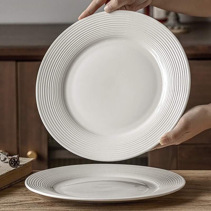 Baijie Ceramic Western Dinner Plate, 10.5 Inches, High-End Simple Line Pattern, White Steak Plate, Salad And Pasta Dish, 1 Piece