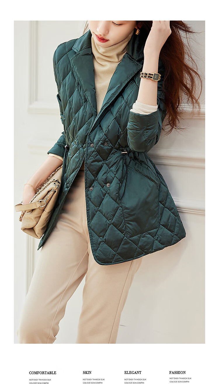 Dme Diamond Pattern Short down Jacket, Winter Commute Style, Lapel Collar, Drawstring Waist, Diamond Pattern Suit Style down Jacket for Women, Short Style 14