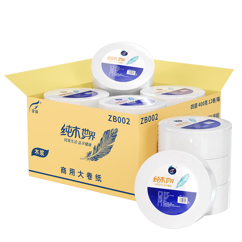 Feiyu Core Large Roll Toilet Paper, 4-Ply, 400g*12 Rolls, Commercial-Grade Toilet Paper, Absorbent, Water-Soluble, ZB002