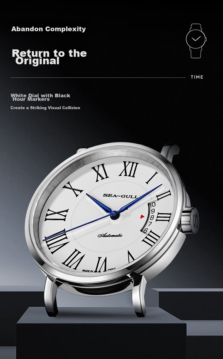 SEAGULL Men's Automatic Mechanical Watch, Bauhaus Date Display Men's Watch, Birthday Gift for Men, Model 6091 12