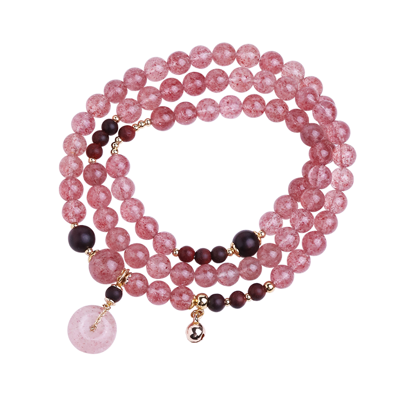 Fenghuangniepan Pink Crystal Bracelet with Peace Clasp, Multi-Layer Strawberry Quartz Bead Strand, Lucky Charm, Crystal Birthday Gift for Girlfriend Or Best Friend