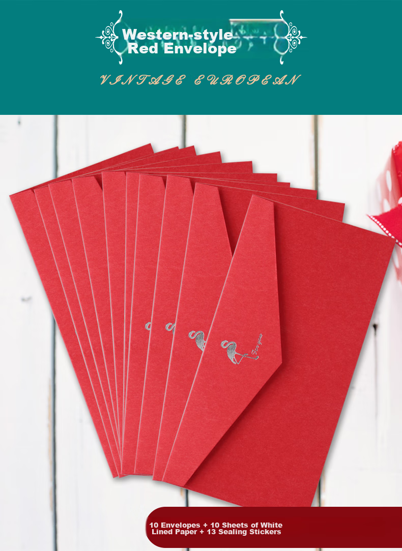 LISON 1536 Western-Style Envelopes, Red, 10 Pieces/pack, Vintage Simple Business Gold-Stamped Envelopes And Letter Paper with Sealing Stickers, Love Letter Set, European Style Envelope Bags 1