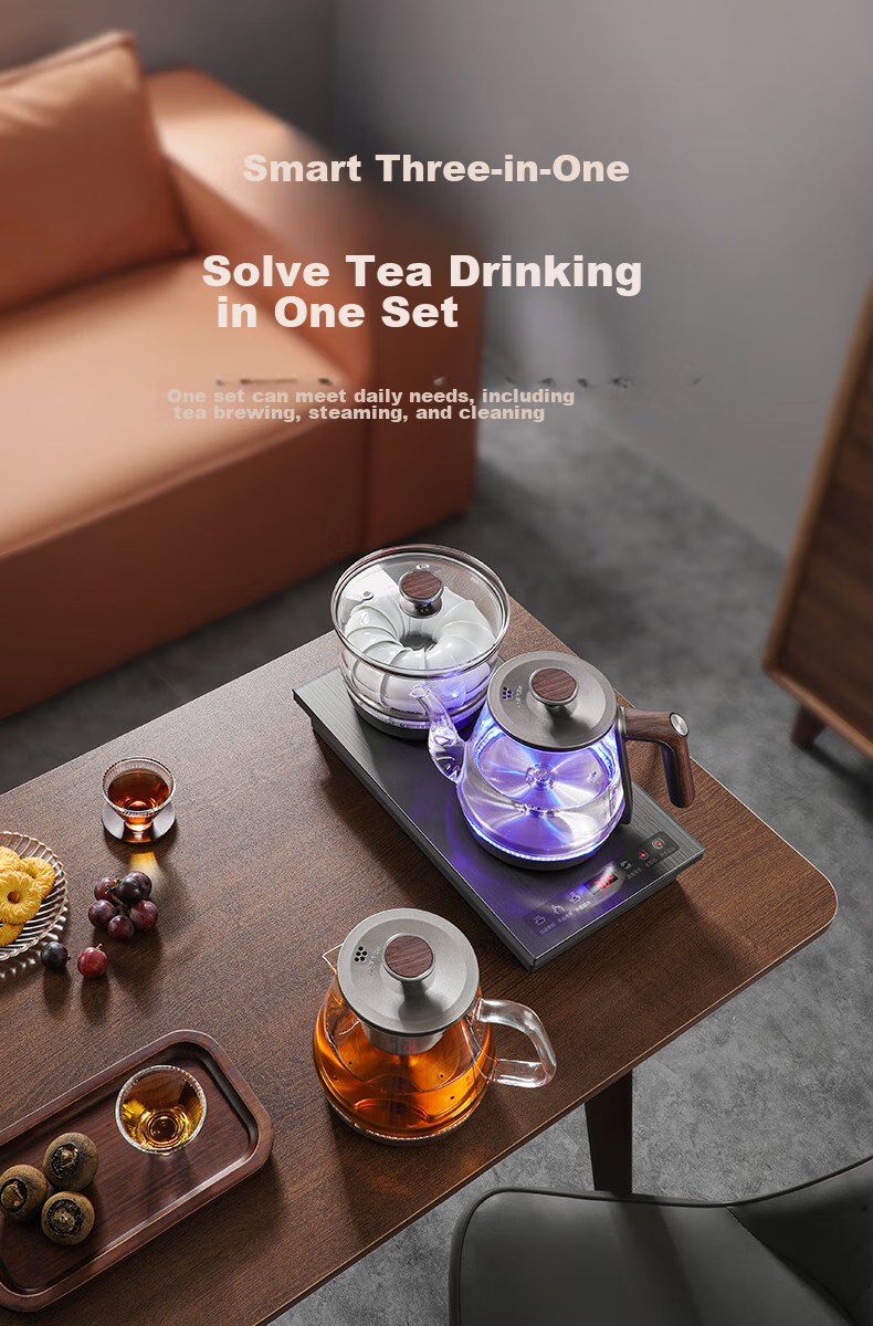 FUNORK Fully Automatic Electric Kettle with Water Inlet, Tea Table Kettle for Home And Office All-In Tea Table, Built-In Tea Set Electric Tea Stove Set RY-10 Titanium Gray Clean Versio 10