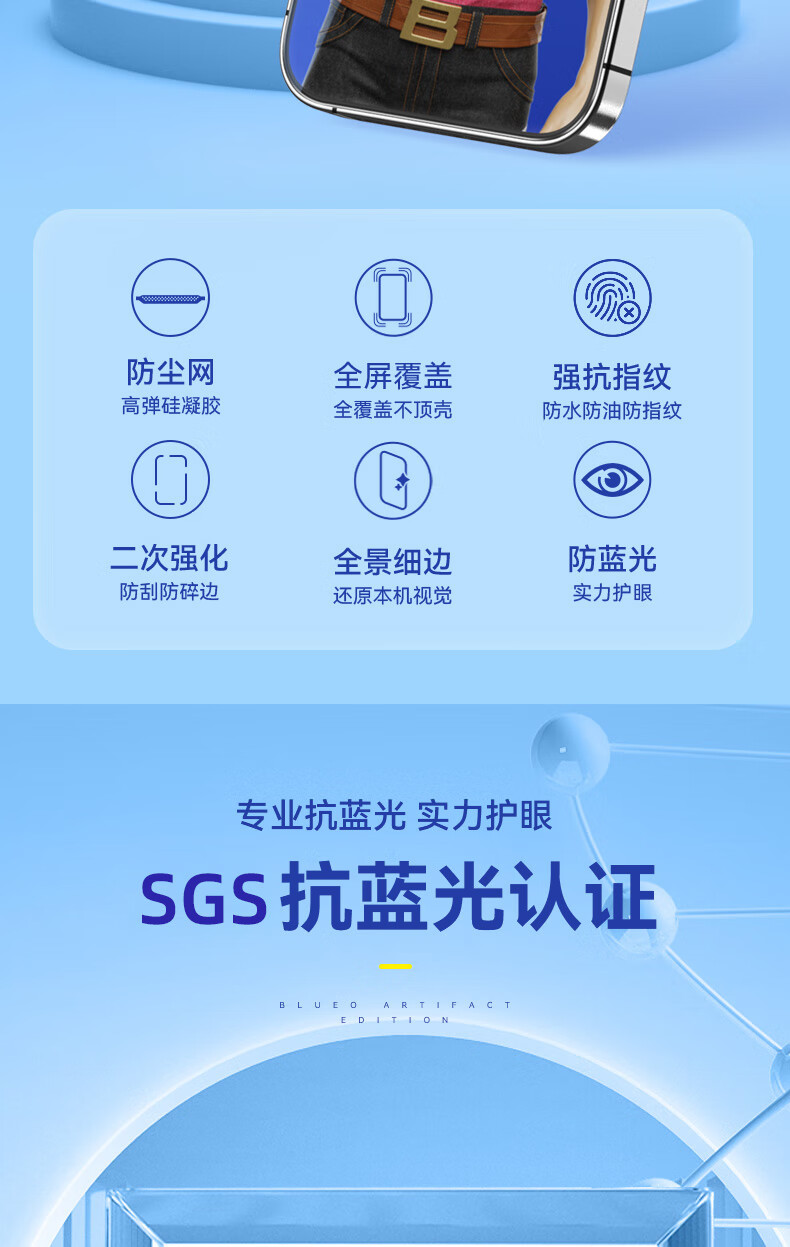 BLUEO Tempered Glass Screen Protector for IPhone 15 Pro, Anti-Glare Eye Protection Film, Anti-Fingerprint Ultra-Clear Blue Light Blocking Protective Film 3