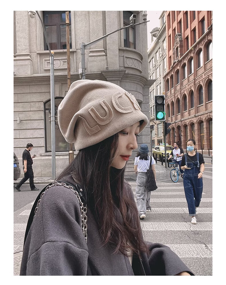 XUEXIMAN Women's Autumn Winter Japanese Style Thickened Warm Knitted Letter Beanie Fleece Lined Head Wrap Hat 1