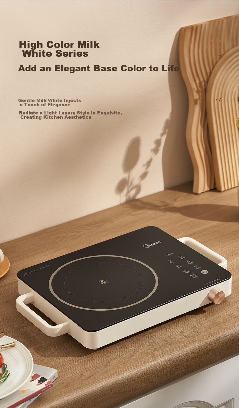 Midea Induction Cooker, Ceramic Cooktop, Battery Stove, 2200W Electric Hot Pot, Intense Heat, Tea Brewing, Water Boiling, Stir-Frying, Electromagnetic Stove for Tea Brewing, Dual Ring Flame Control, Suitable for All Pots, Wear-Resistant And Easy to Clean HW2210 2