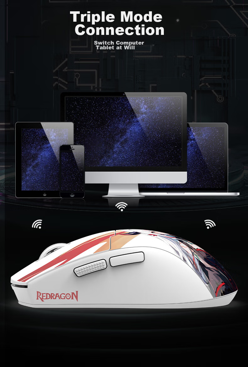 REDRAGON G57 Large Hand Wireless Bluetooth 2.4G Wired Tri-Mode Gaming Mouse, Lightweight, Pixart 3395 High-End E-Sports PUBG LOL Mouse Professional Model - Black 4