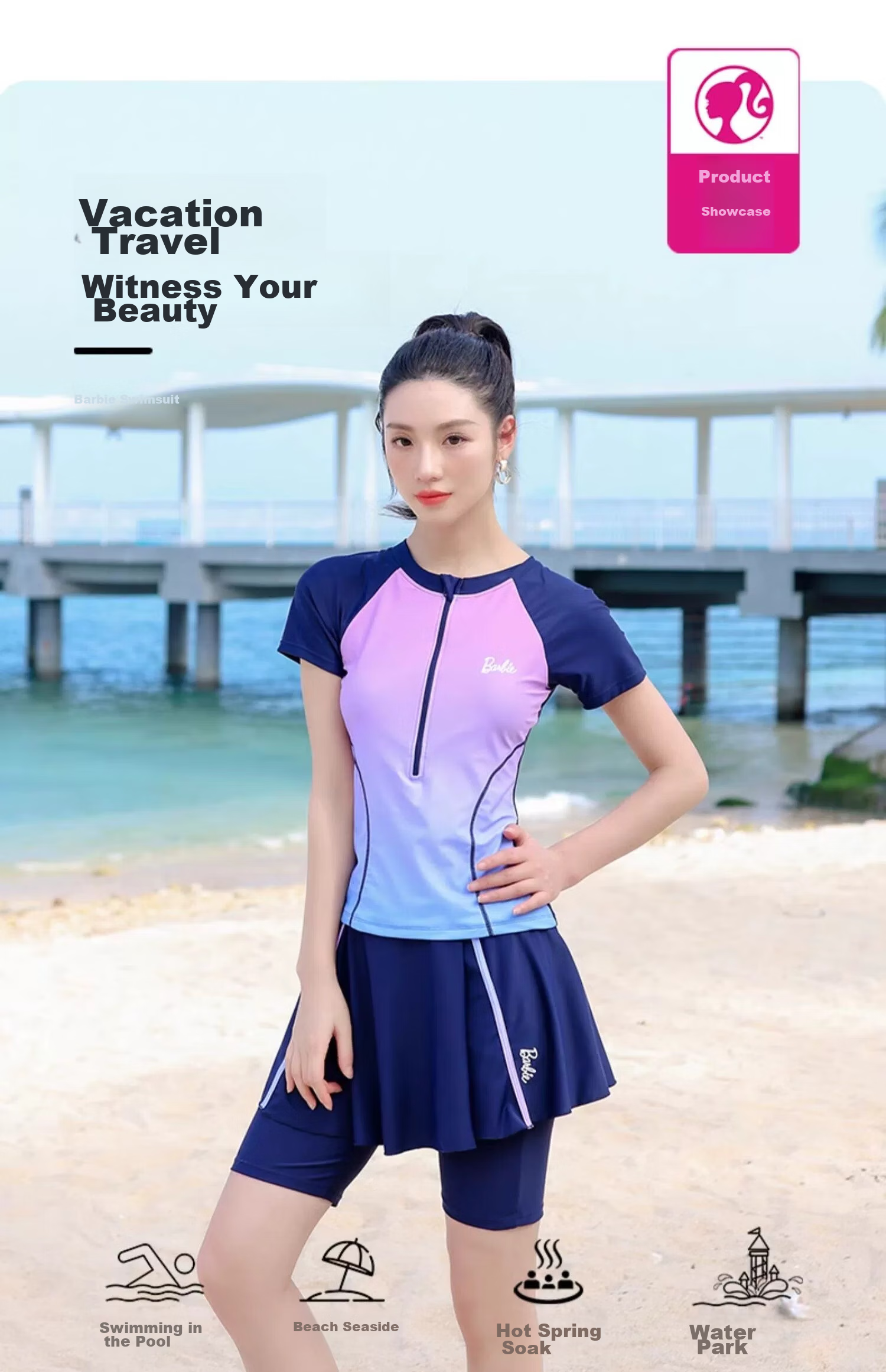 Barbie Two-Piece Swimsuit for Women, Fashionable Conservative Slimming Tummy-Covering Professional Sports Swimwear for Hot Springs And Vacation, Two-Piece Set 1