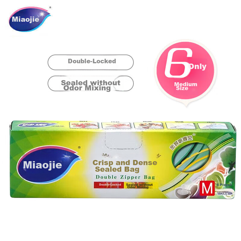 Miaojie, Sealing Bags, Medium Size *6 Pieces, Thickened Food-Grade Fresh-Keeping Self-Sealing Bags, for Refrigerator, Kitchen, Indoor And Outdoor Use