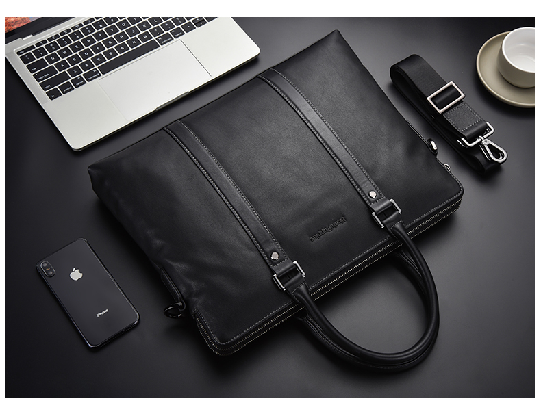 Hush Puppies Briefcase for Men, Top-Grain Leather, Shoulder Crossbody Handbag, Men's Business Laptop Bag, Father's Day Gift for Boyfriend, Black 7
