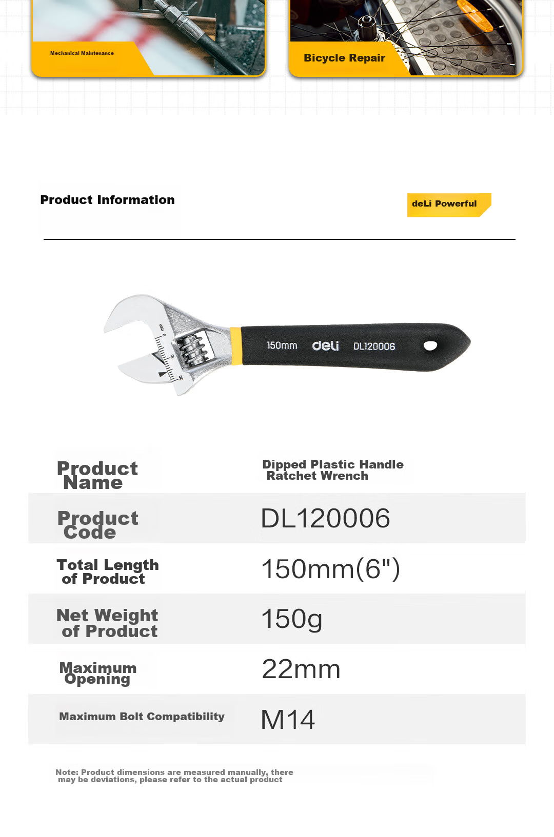 Deli Plastic-Coated Handle Adjustable Wrench, Universal Wide-Mouth Multi-Functional Torque Wrench, 10 Inches 10