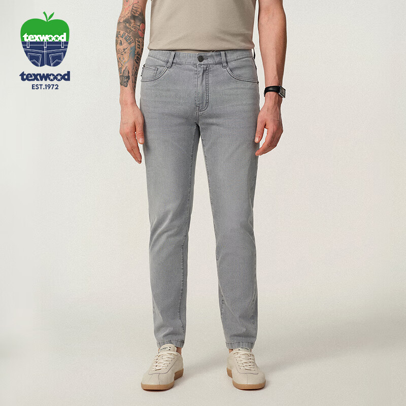 Texwood Apple Slim Straight-Leg Men's Jeans Summer Business Casual Trousers Light Gray 36