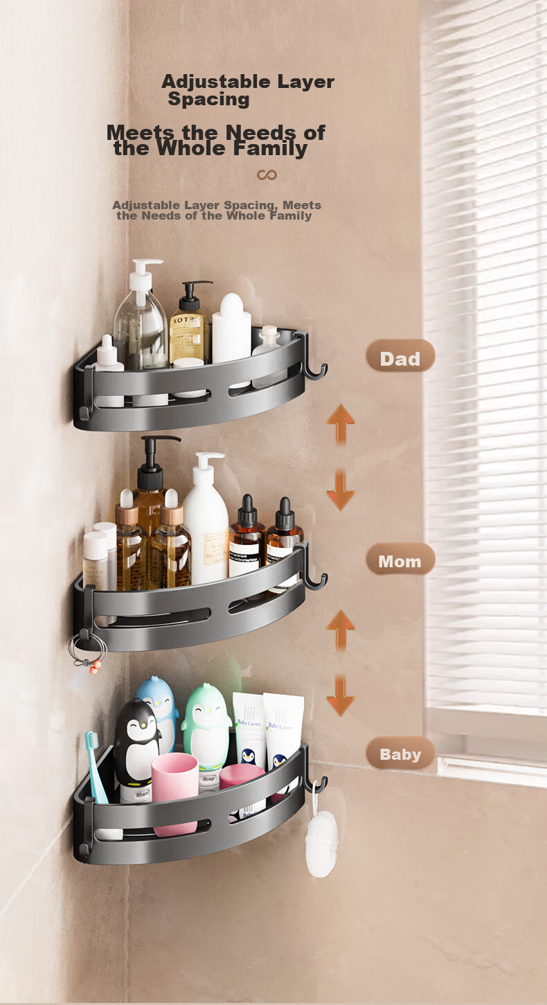 MICOE Bathroom Storage Rack, Toilet Corner Shelf, Space Aluminum Triangular Basket, Kitchen Wall-Mounted Storage Basket, No Drilling Required 6