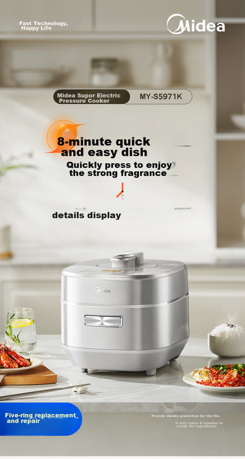 Midea Electric Pressure Cooker, Non-Coated IH High-Pressure Cooker, 5L Household Soup Pot, Fully Automatic Intelligent Reservation, Dual Inner Pot for Rice Cooking, 4-6 People Quick Release MY-S5971K 2