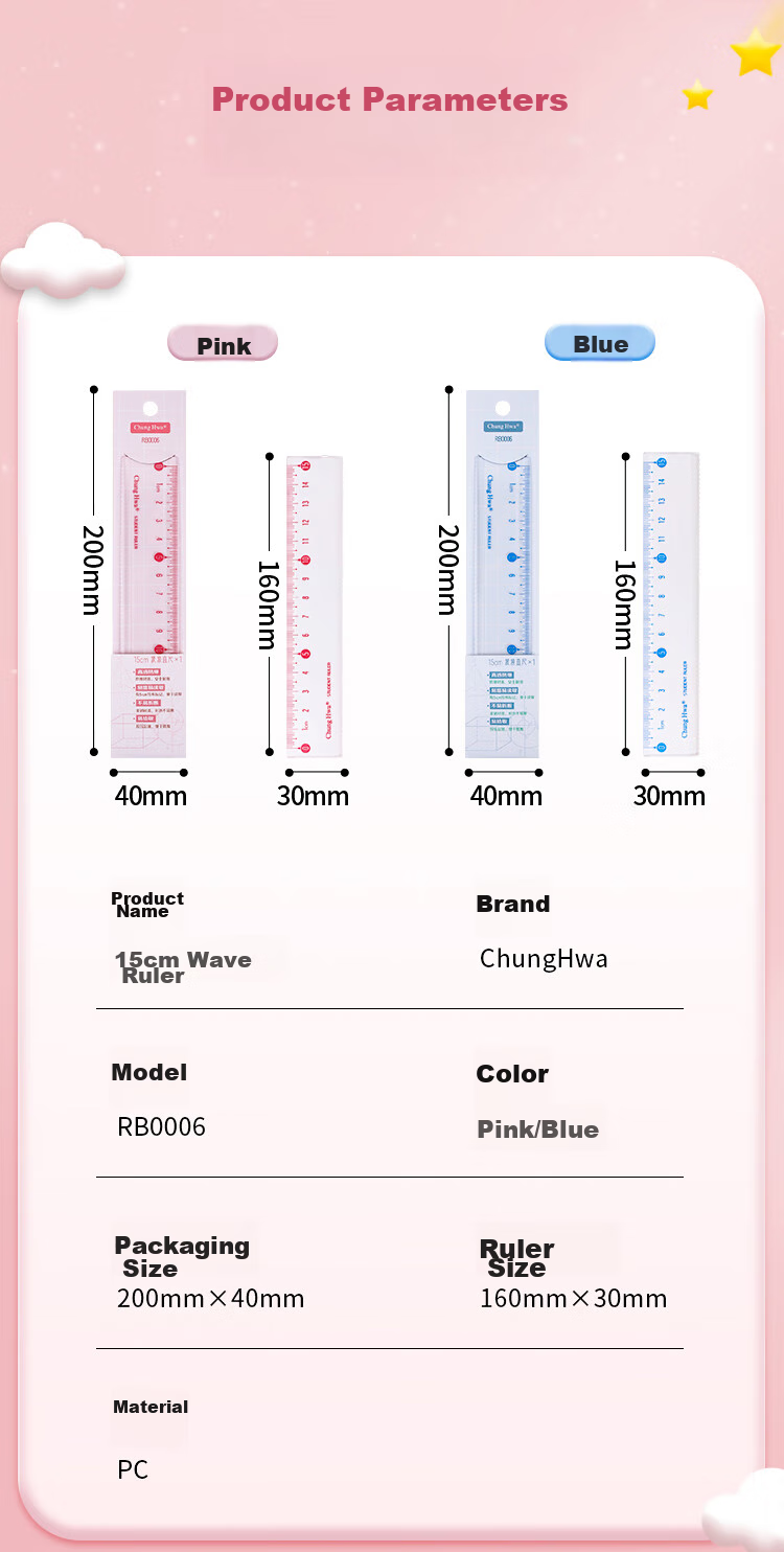 Zhonghua (Chung Hwa) Explosion-Proof, Wear-Resistant, High-Precision Plastic Straight Ruler, 20cm Multiple Sizes, Student Ruler for Drawing And Measurement, Scribing Ruler, Wave Straight Ruler, High Transparency Acrylic, RB0007 Pink 9