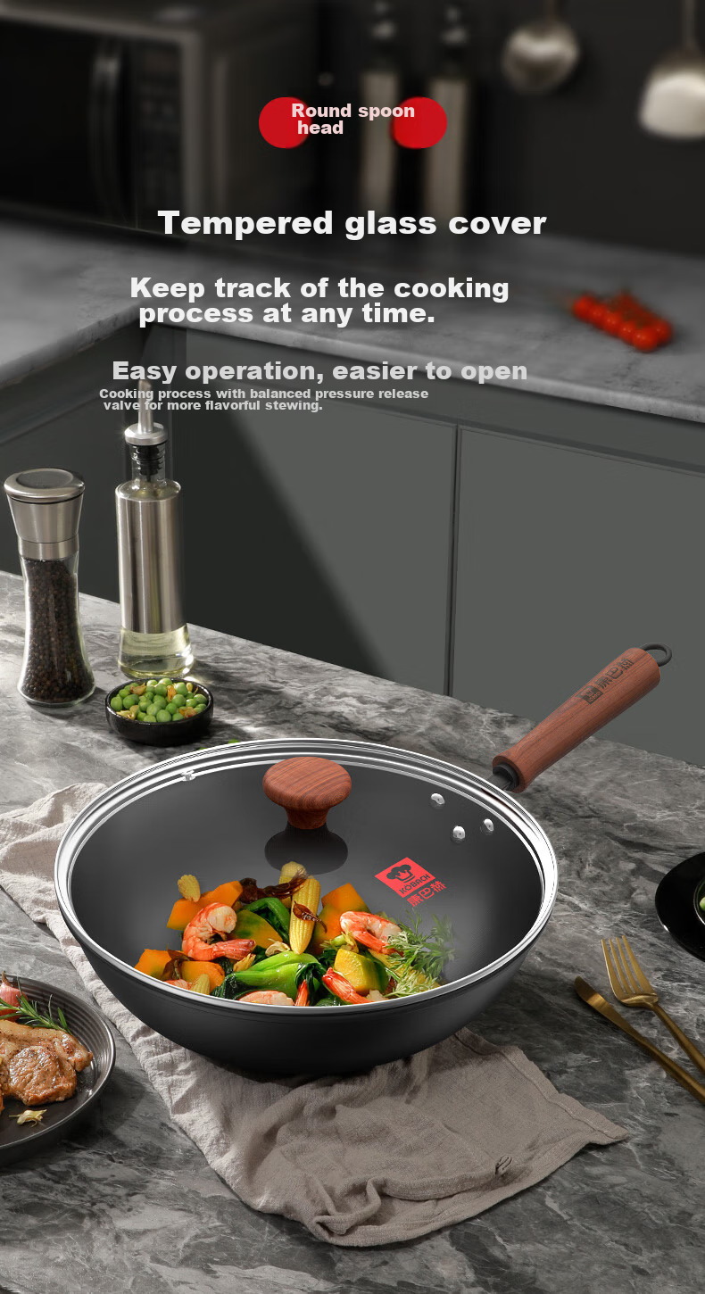 KOBACH Iron Wok without Coating, Large Capacity Stir-Fry Pan for Home Use, 34cm, Compatible with Induction And Gas Stoves 8