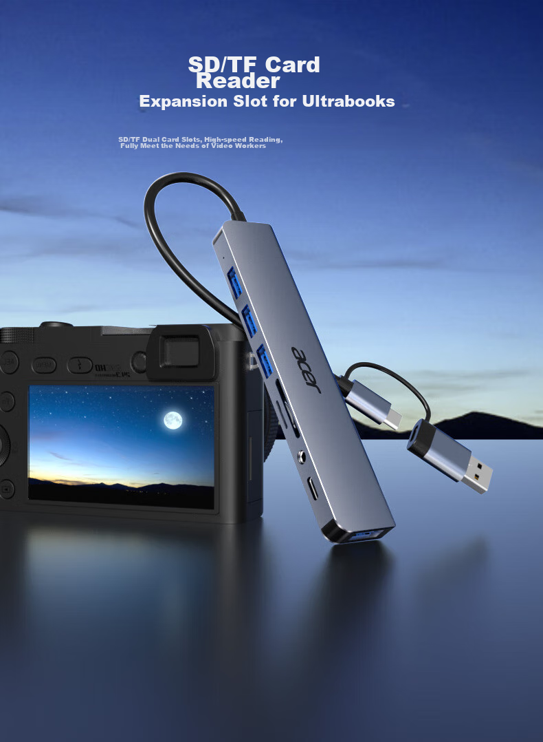Acer Type-C Expansion Dock, USB3.0 Hub, SD/TF Card Reader Adapter, Compatible with Huawei, Android, MacBook Computers, Converter, Eight-I 5