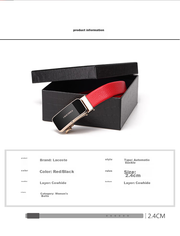 CROCODILE Top-Grain Leather Women's Automatic Buckle Belt, Business Belt, Birthday Gift for Girlfriend, T1561 Black 8