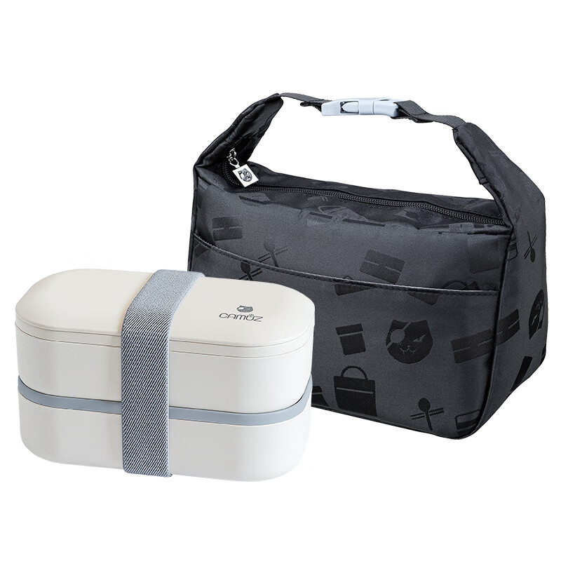 Ланч-бокс CAMUZ Bamboo Fiber Pro, двухслойный, 1200 мл, белый с черной сумкой, с палочками и ложкой, японский стиль, подходит для СВЧ