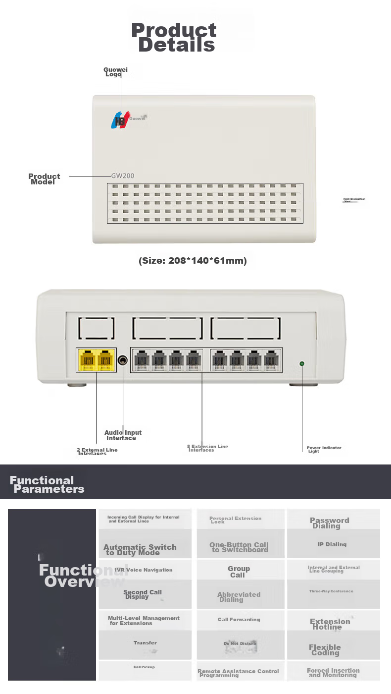 Guowei GW200 Programmable Telephone Exchange System, 2 Lines In And 8 Out, Group Enterprise Main Line, Internal Extension, Small Number of Lines, Small Business Desktop Voice Navigation, Plug-And Exchange System 13