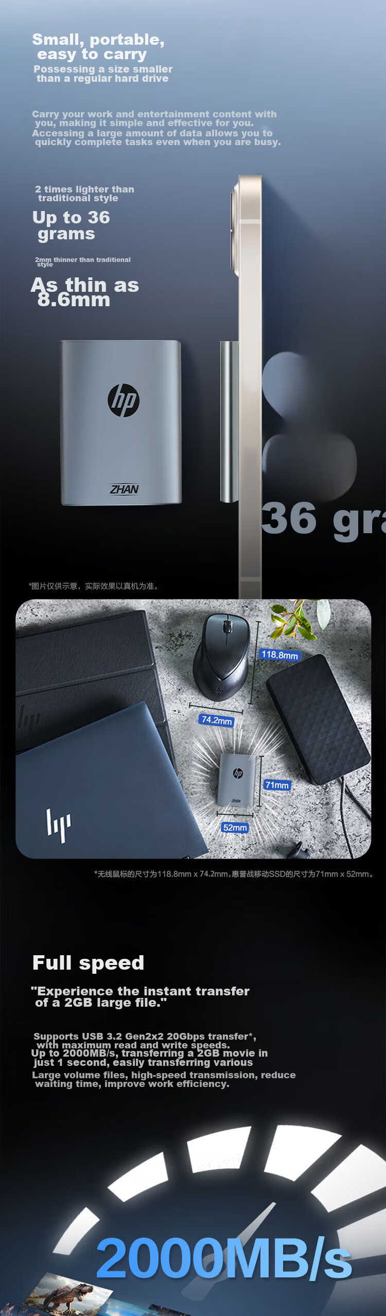 HP 1TB Portable SSD, 2000MB/s High-Performance Read/Write, Type-C, Portable for Business Travel, High-Speed Transfer, External Phone Direct Connection Mini Hard Drive, Blue 3