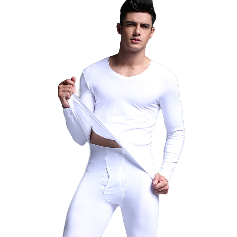 HACAI Men's Thermal Underwear Set Spring Autumn V-Neck Modal Cotton Top and Bottom White M