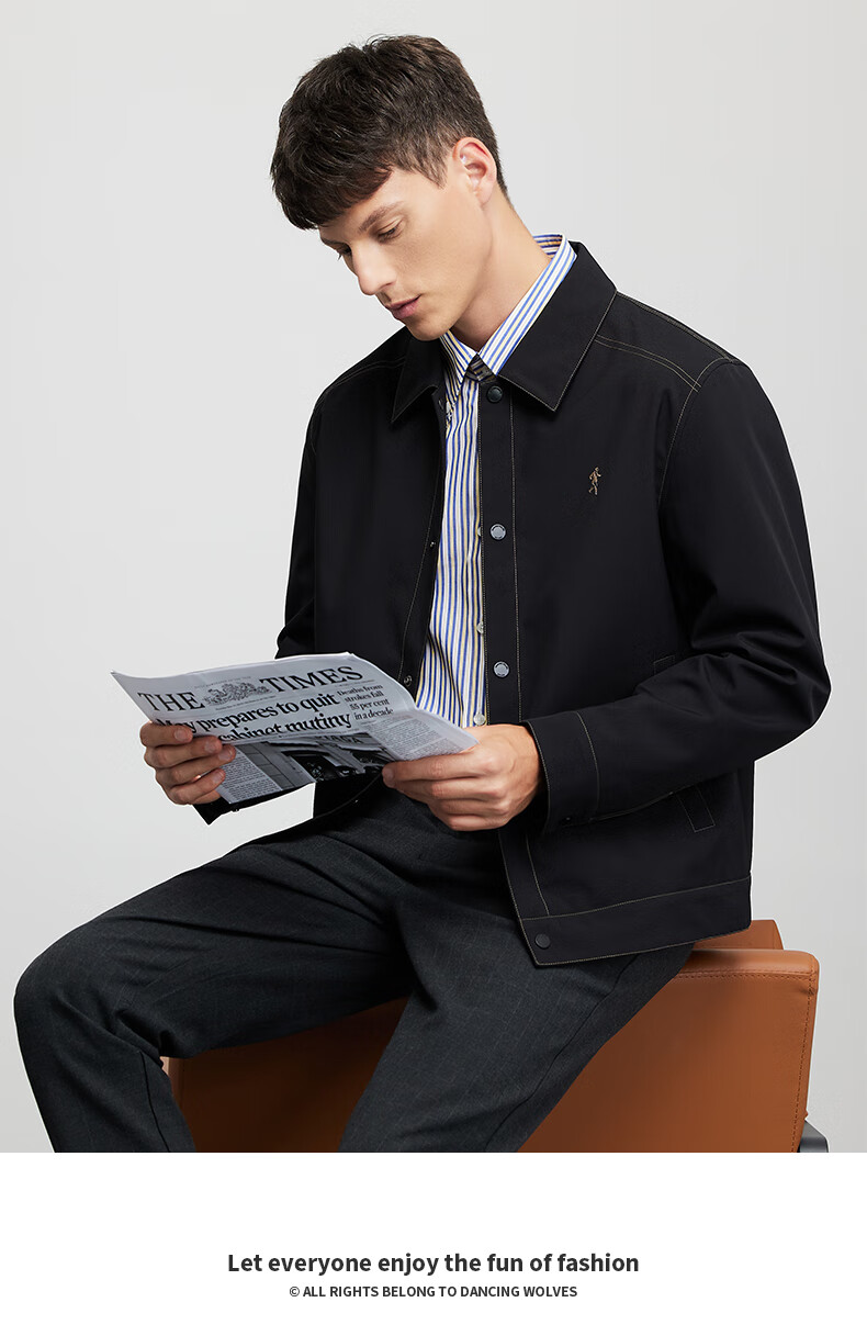 DANCING WOLVES Fashion Stitching Trendy Lapel Casual Jacket Men 001 Black 190 1