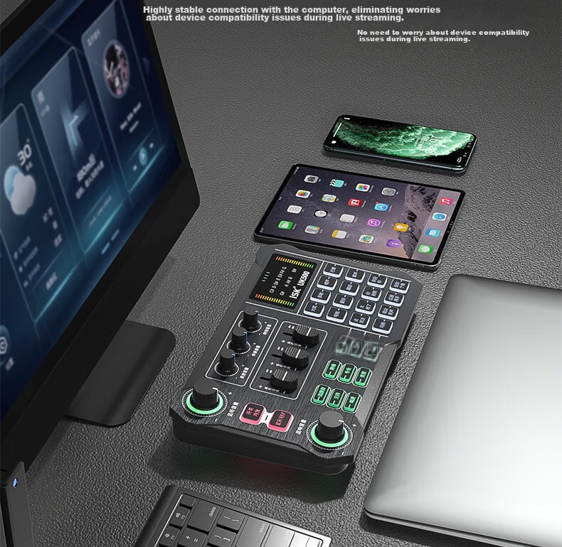 ISK UK500 Live Streaming Sound Card with Built-In 48V Power Supply, Compatible with Mobile Phones, Computers, Speakers, Internet Celebrities, Live Streaming, Douyin, Karaoke, And Recording Sound Cards, Plug And Play, Includes Universal OTG Cable 10