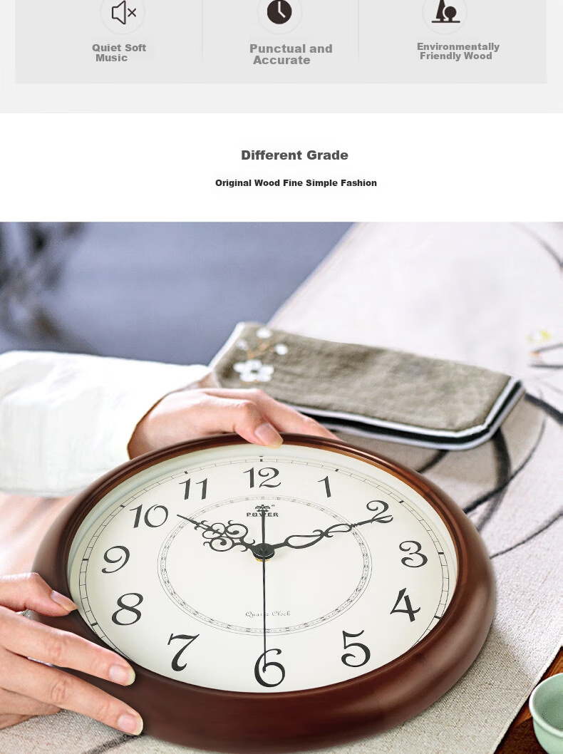 POWER Solid Wood King Wall Clock, Simple Wall-Mounted Timepiece, Living Room 2024 New Quartz Clock, 38cm 2