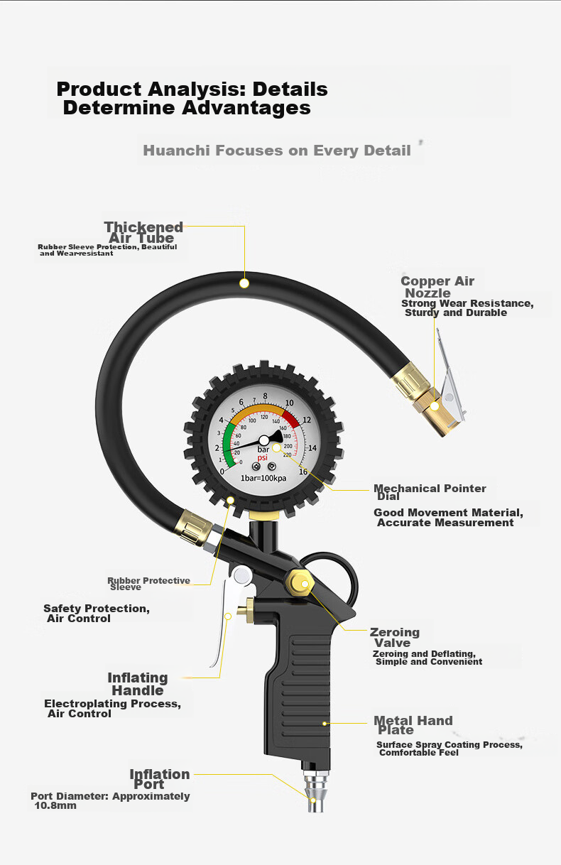 Huangchi Oil-Immersed Tire Pressure Gauge, Can Deflate Tires, Tire Pressure Monitor, Car Tire Pressure Meter 5