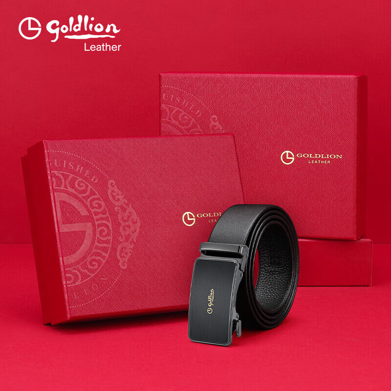 Goldlion Men's Automatic Buckle Belt, Business Waistband Gift Box, Top-Grain Leather Fashion Trouser Belt, Birthday Gift