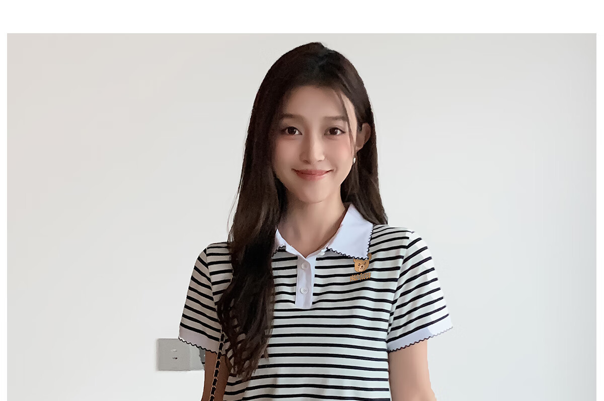 Halo Queen Women's Summer Polo Collar Short Sleeve T-Shirt, Casual Loose Versatile Collared Striped Top H143T1597 19
