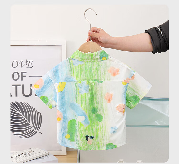 LUOBOBEIBEI Boys' Short-Sleeve Shirt, Printed Blouse, Beach Vacation Wear, Formal Attire for School Opening, 23601 Green, Size 110 12