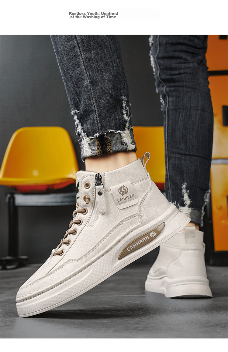PLAYBOY Men's Shoes, Autumn And Winter High-Top Shoes, Fashionable Sneakers for Men, Trendy White Shoes, Beige, Size 39 12