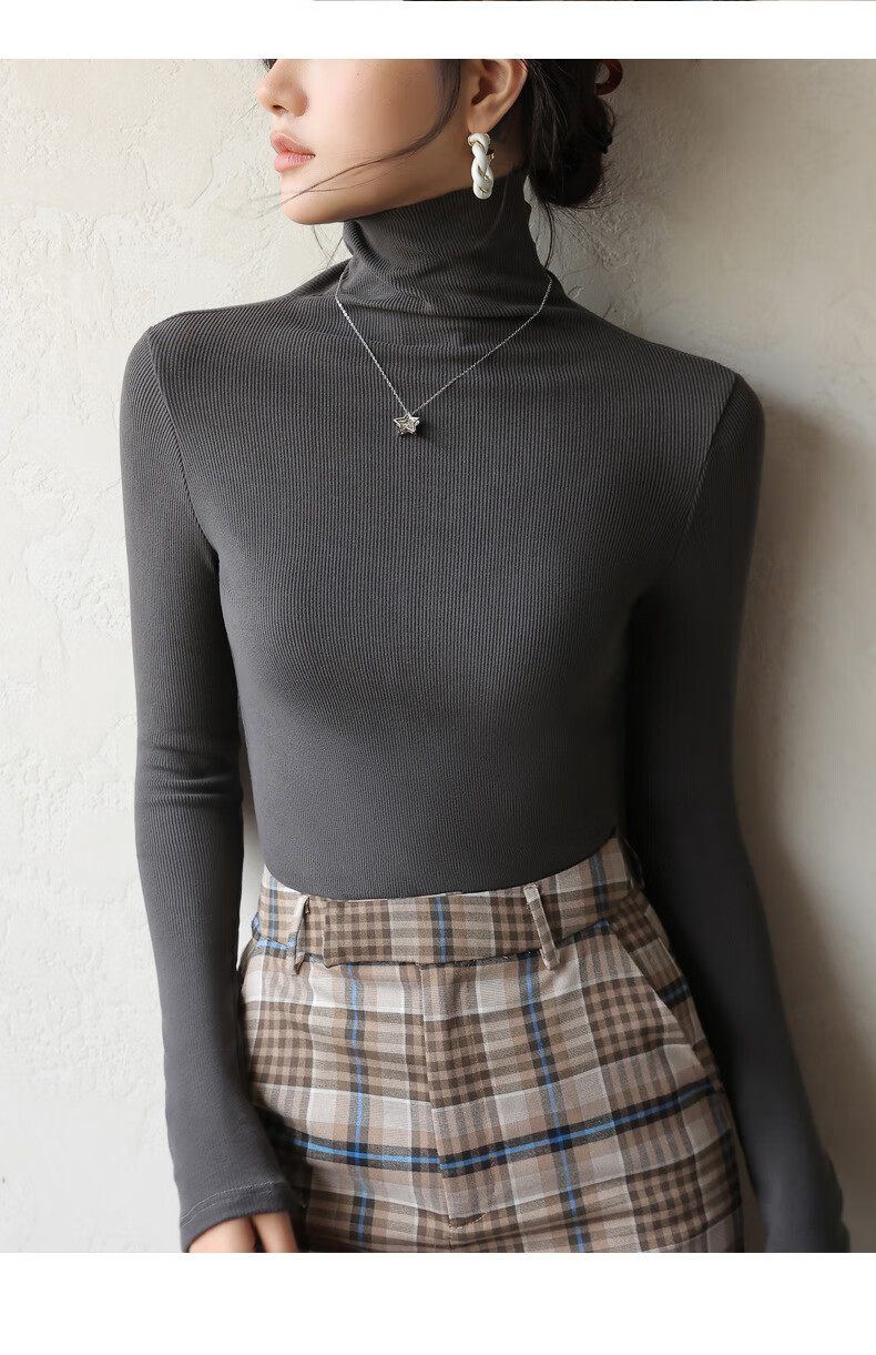 LangSha, De Rong Base Shirt, Ruched Turtleneck, Striped Inner Layer, Long-Sleeve Solid Color Autumn Shirt, Slim-Fit High-Elastic Base Underwear for Wome 15
