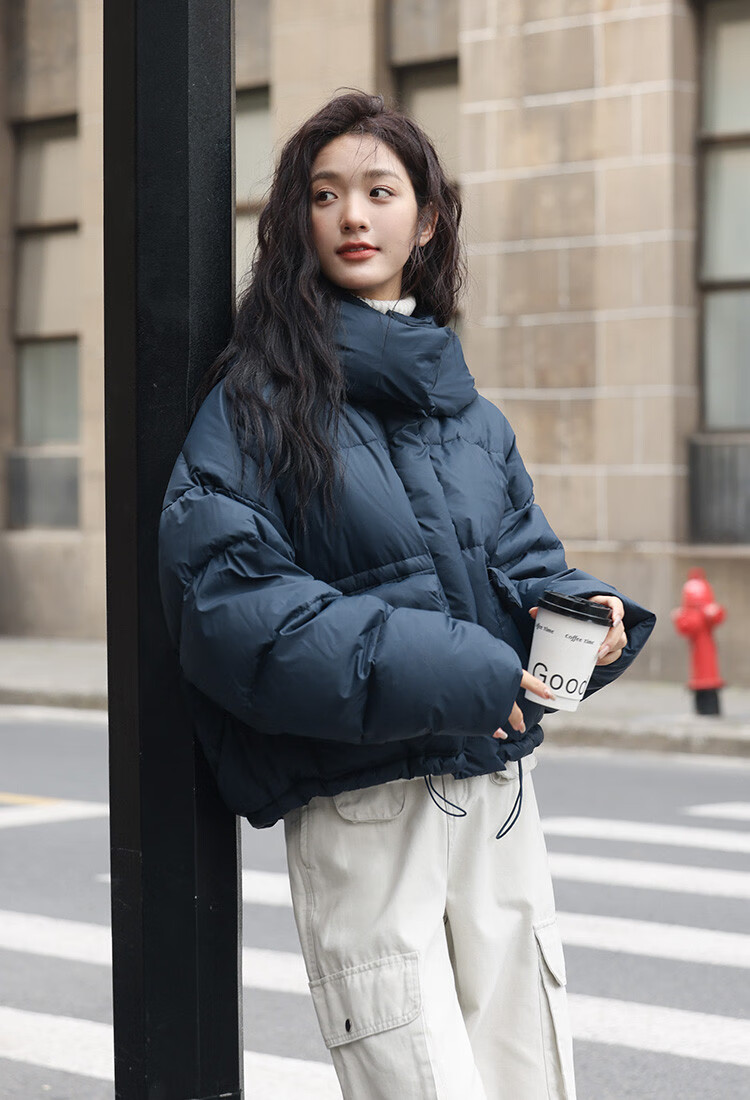 Dme [Navy Blue Short Down Jacket with Large Pockets], Winter Hooded Windproof Button Design down Coat for Wome 6