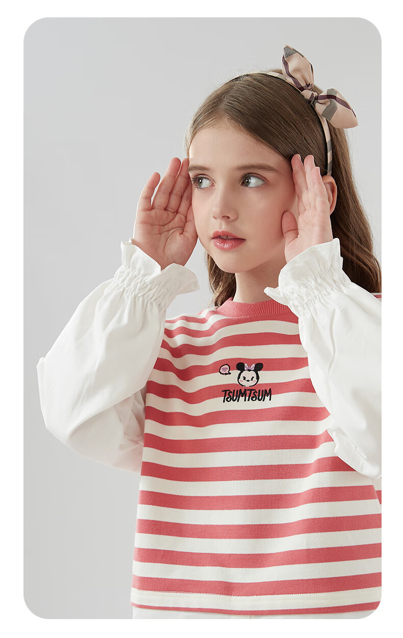Disney Girls' Sweatshirt Spring And Autumn Children's Long-Sleeve Shirt Casual Top for Older Kids Z233037 Red And White 120cm 7