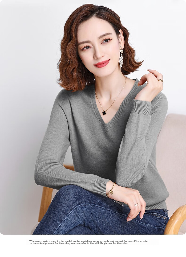 Hengyuanxiang 100% Pure Wool Sweater for Women, V-Neck Loose Base Layer, Autumn And Winter Warm Fashion Knit Sweater, Women's Top 21