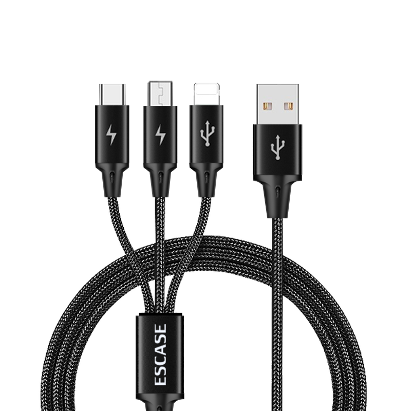 ESCASE Data Cable Three-In Type-C Apple 13 Android Phone Car Charger Cable, Fast Charging Compatible with Xiaomi, Multi-Functional Storage, 1.5 Meters, C12pro Black