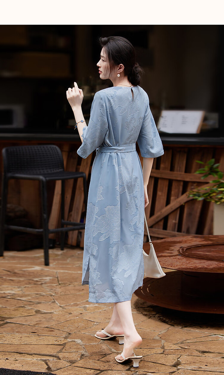 Dme (Unbelievably Comfortable) Spring And Autumn Delicate Jacquard Flared Seven-Quarter Sleeve Classical Button-Up Loose-Fitting Dress with Hidden Pockets 11