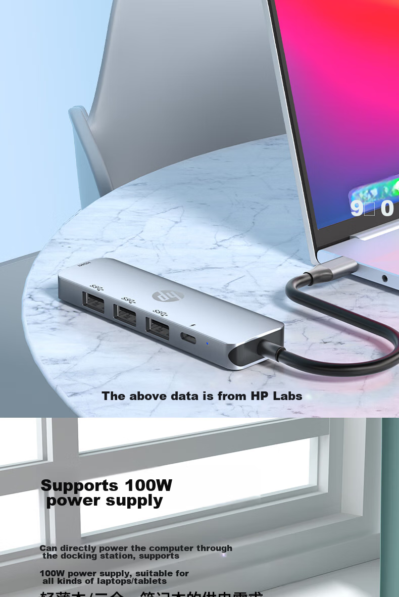 HP Type-C Expansion Dock, USB3.0 Hub, HDMI Converter, 100W PD Fast Charging Hub, for Phones, Computers And Laptops 6