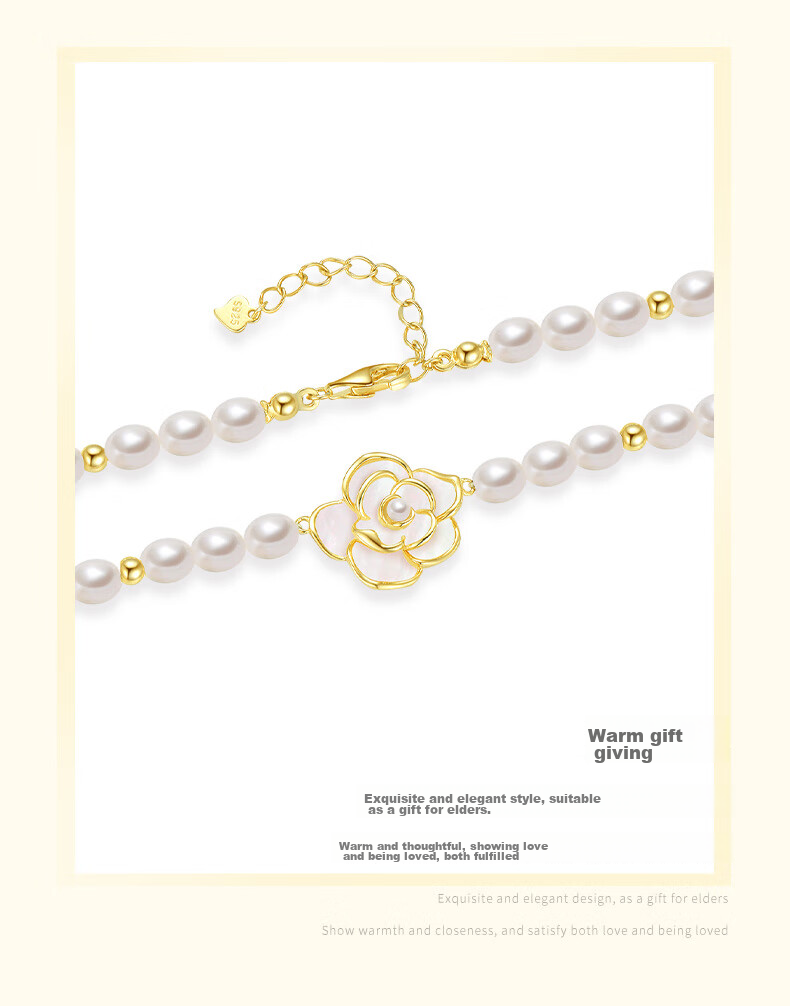 CHOW TAI SENG [Birthday Gift] Camellia Pearl Necklace, Pure Silver Women's Sweater Chain, Elegant Collarbone Chain for Girlfriend 5